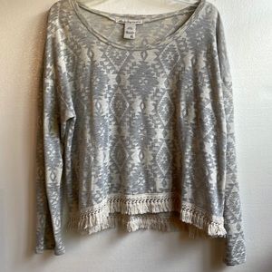 American Rag Aztec print lightweight cropped boxy fringe edged top size large